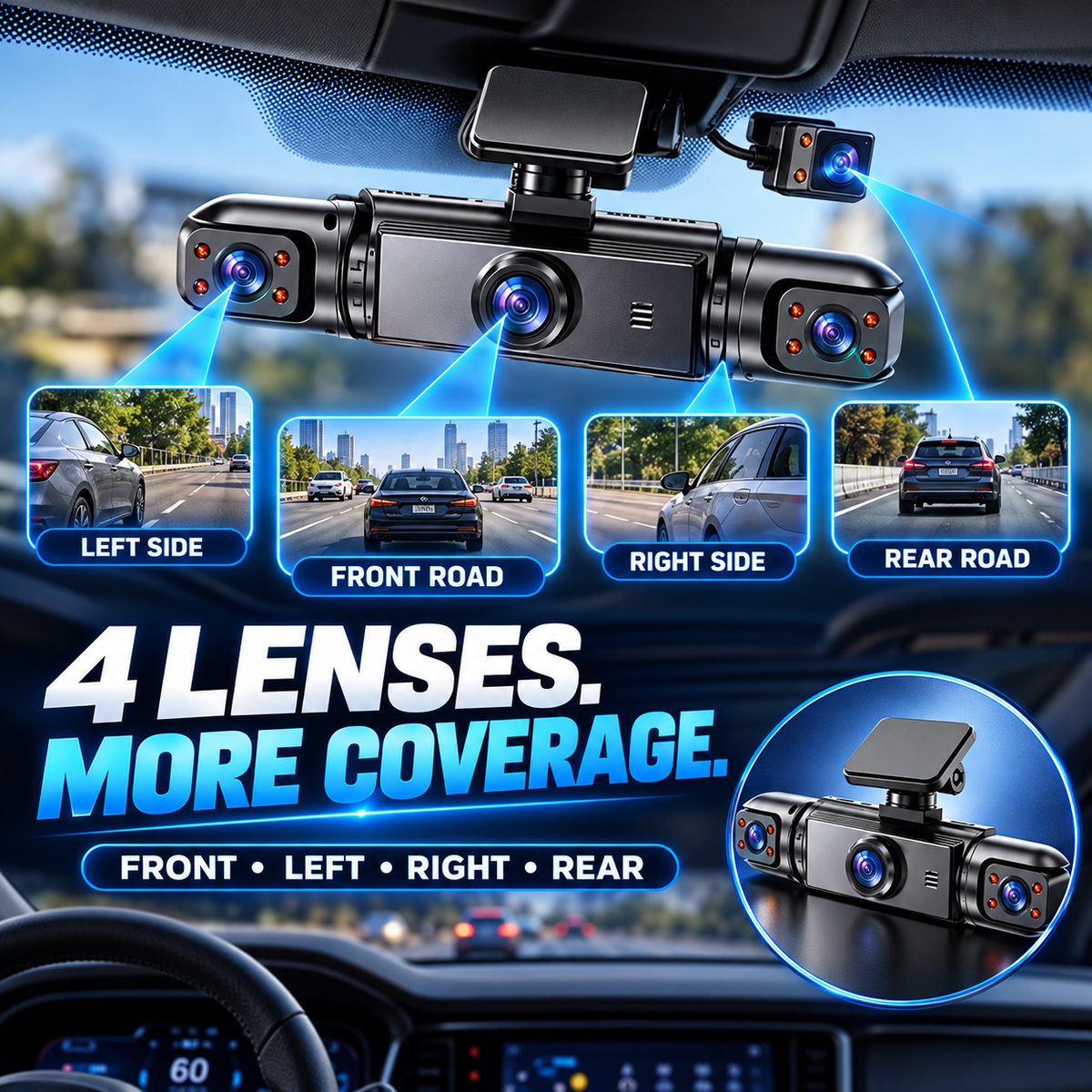 🚗 4-Lens 1080P Dash Cam — See Front, Left, Right & Rear in One Drive