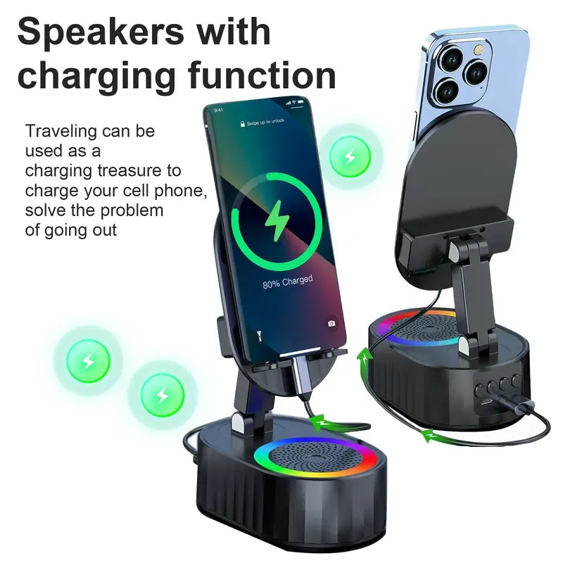 🎵 5-in-1 Wireless Induction Audio Bluetooth Speaker & Phone Holder – 3000mAh Rechargeable Power Bank with Colorful Ambient Light, 300° Foldable Stand for Smartphone & Tablet