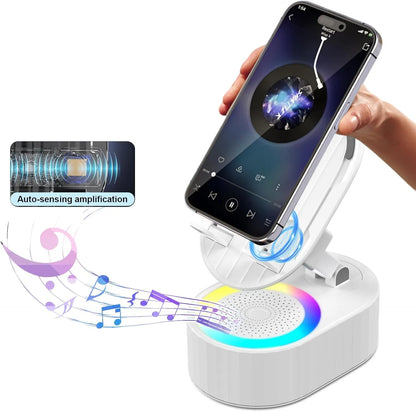 🎵 5-in-1 Wireless Induction Audio Bluetooth Speaker & Phone Holder – 3000mAh Rechargeable Power Bank with Colorful Ambient Light, 300° Foldable Stand for Smartphone & Tablet