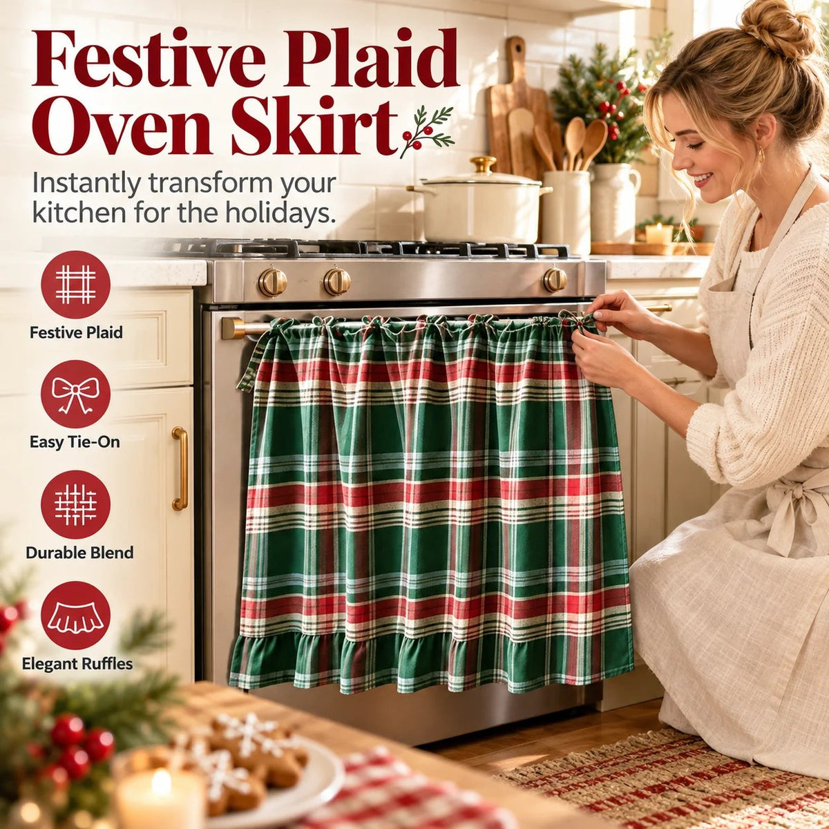 Festive Plaid Polyester-Cotton Oven Skirt Kitchen Decoration Short Curtain