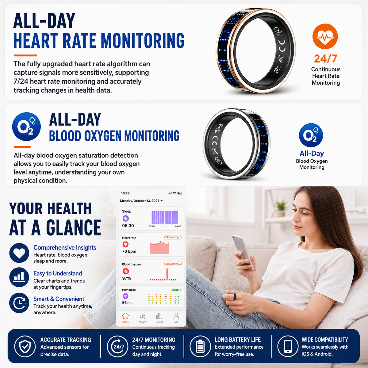 Smart Health Ring – 24/7 Heart Rate, Sleep & Activity Tracking | Sleek, Lightweight & IP68 Waterproof