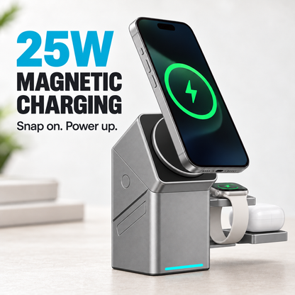 3-in-1 Magnetic Wireless Charging Station – 25W Fast Charging & Rotating Stand