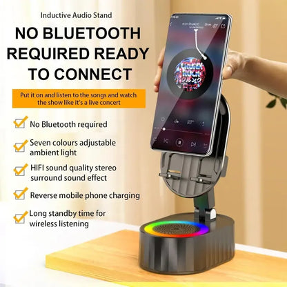 🎵 5-in-1 Wireless Induction Audio Bluetooth Speaker & Phone Holder – 3000mAh Rechargeable Power Bank with Colorful Ambient Light, 300° Foldable Stand for Smartphone & Tablet