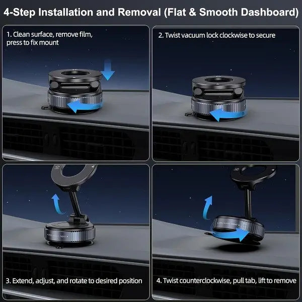 2.0 Fold-Flat Magnetic Car Phone Holder - Compact Metal Secure Smartphone Holder, 20N52 Magnetic Grip, Vertical Round Mount, Vacuum Suction Cup, Heat-Resistant Nano-Adhesive Base, MagSafe Snapon Car Interior Accessory