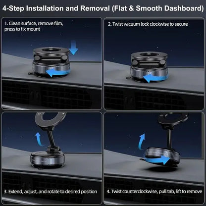 2.0 Fold-Flat Magnetic Car Phone Holder - Compact Metal Secure Smartphone Holder, 20N52 Magnetic Grip, Vertical Round Mount, Vacuum Suction Cup, Heat-Resistant Nano-Adhesive Base, MagSafe Snapon Car Interior Accessory