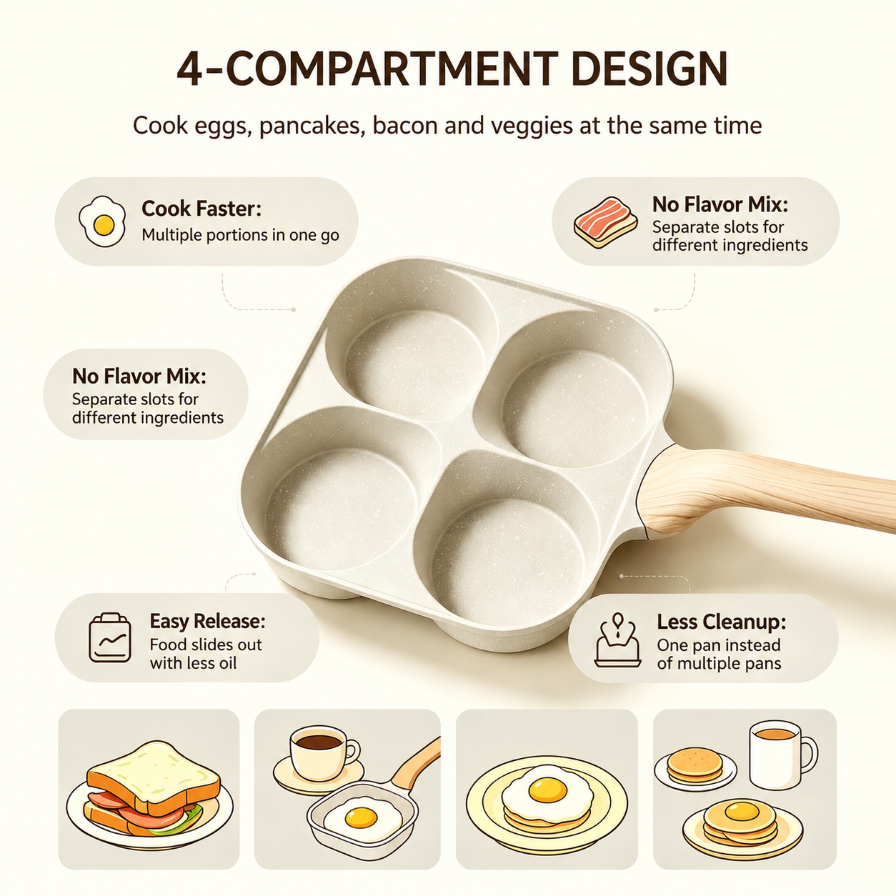🍳4-Cup Nonstick Egg Pan, Wood Handle, Multi-Color Breakfast Skillet
