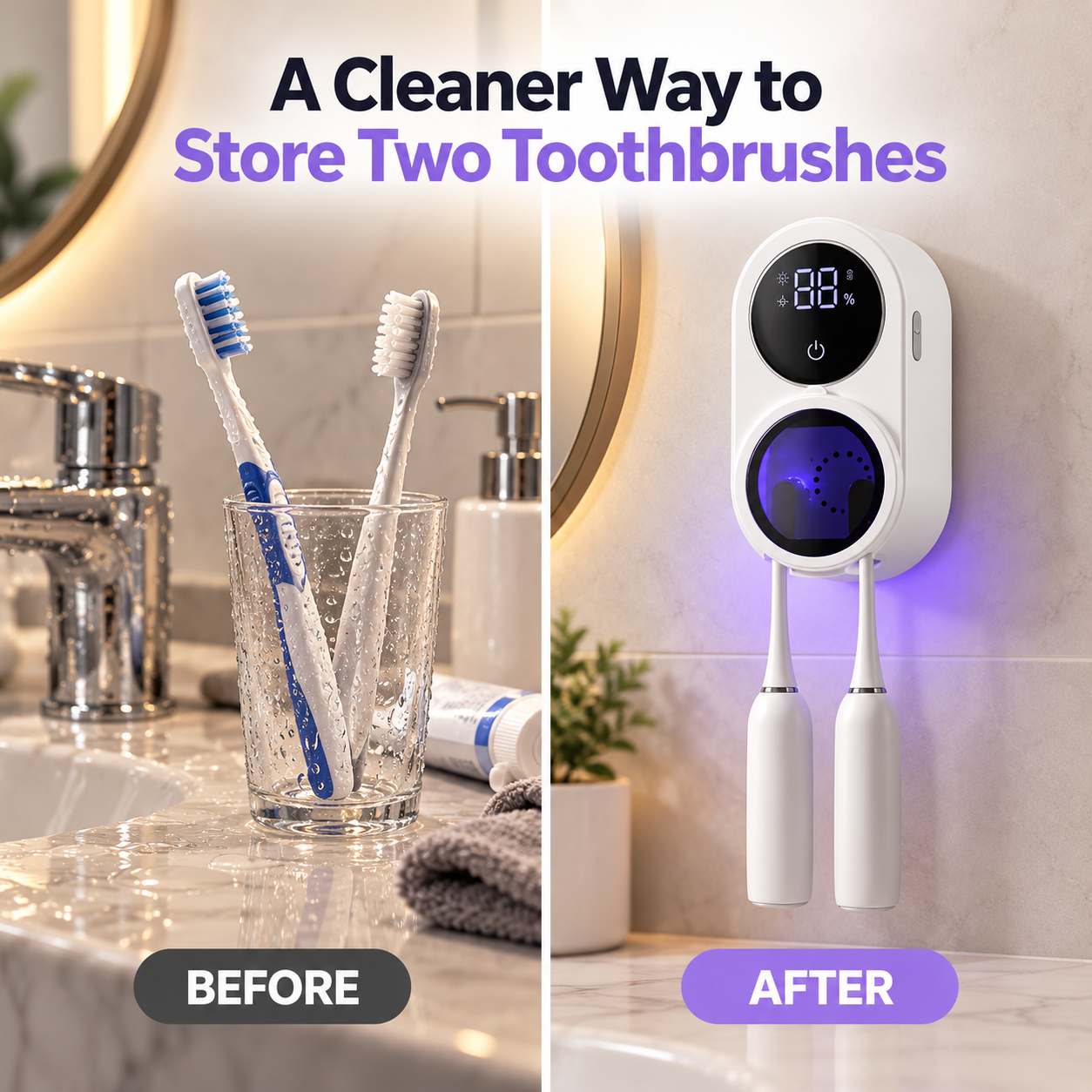 Wet toothbrush cup compared with organized wall-mounted storage