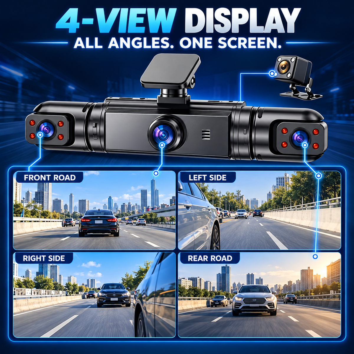🚗 4-Lens 1080P Dash Cam — See Front, Left, Right & Rear in One Drive