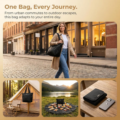 2-in-1 Convertible Tote Bag and Picnic Blanket, Water Resistant Oxford Fabric Reusable Pull-Strap Carryall
