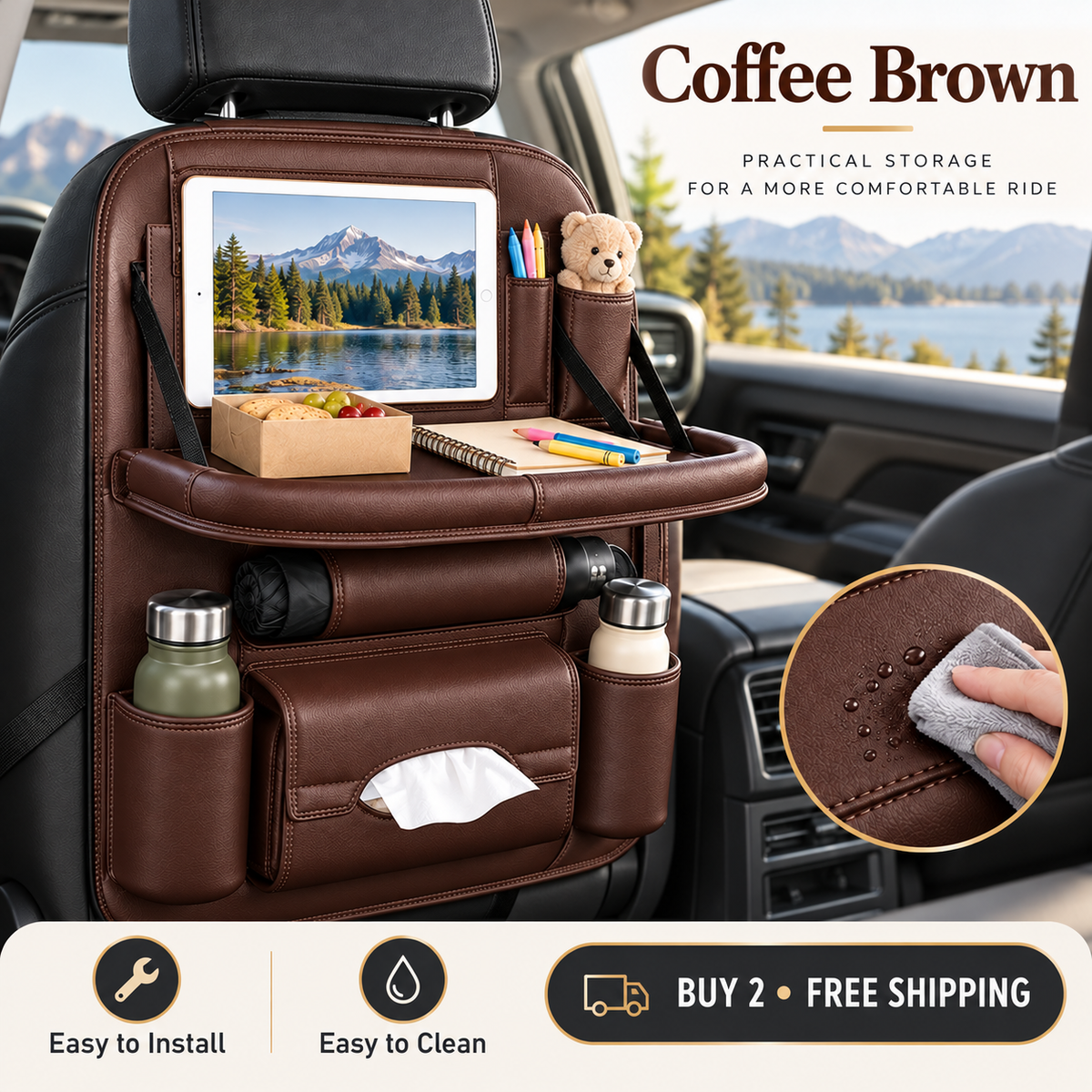 🚗 Car Seat Back Organizer with Fold-Down Tray – Multi-Pocket Storage for Family Travel