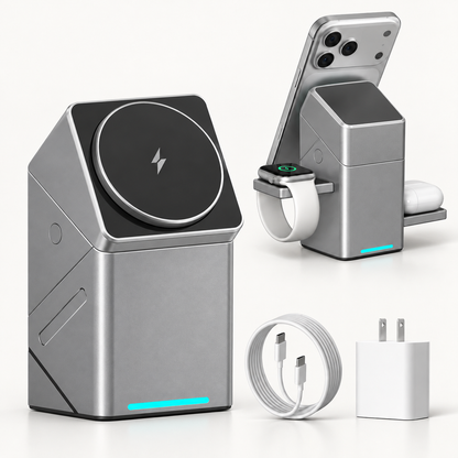 3-in-1 Magnetic Wireless Charging Station – 25W Fast Charging & Rotating Stand