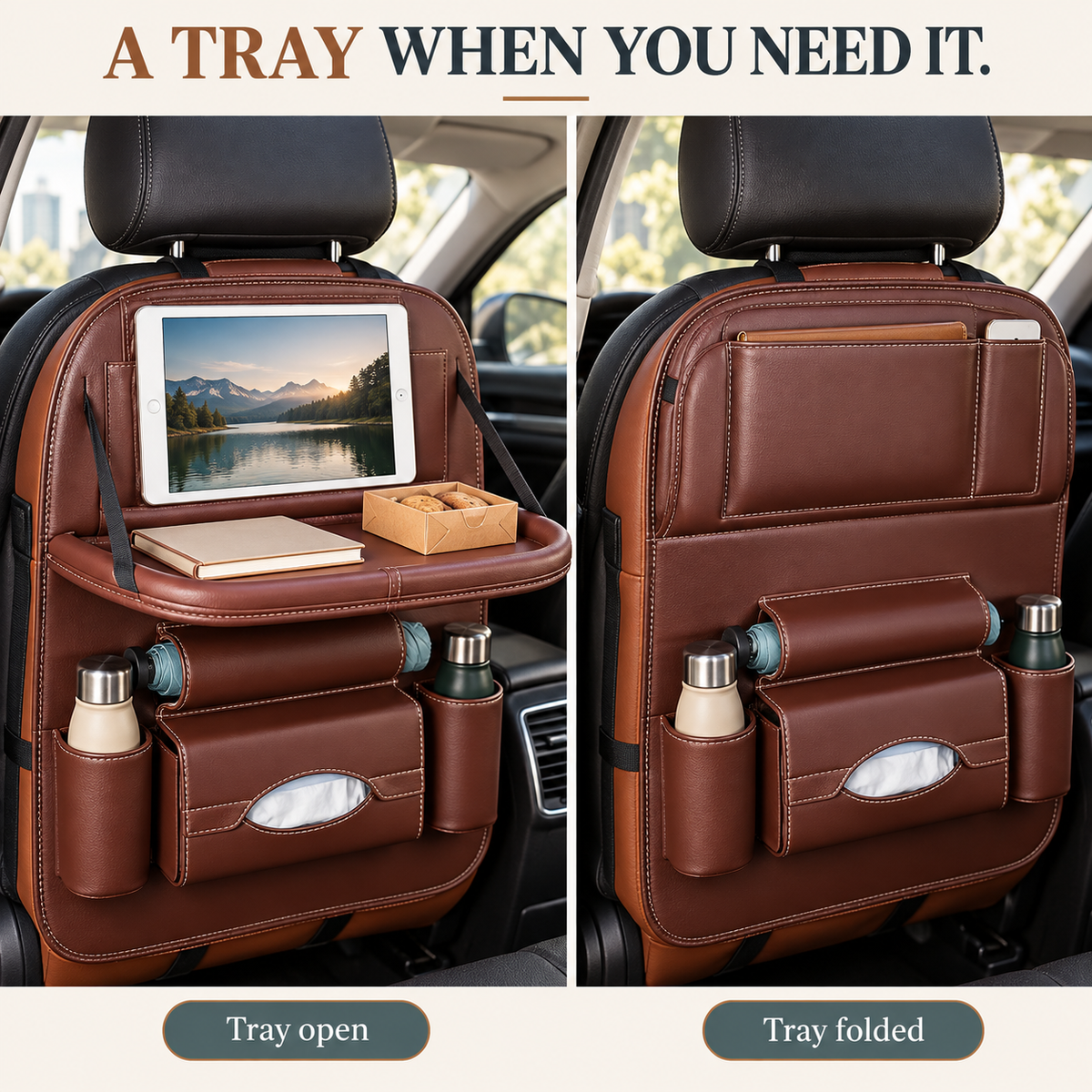 🚗 Car Seat Back Organizer with Fold-Down Tray – Multi-Pocket Storage for Family Travel