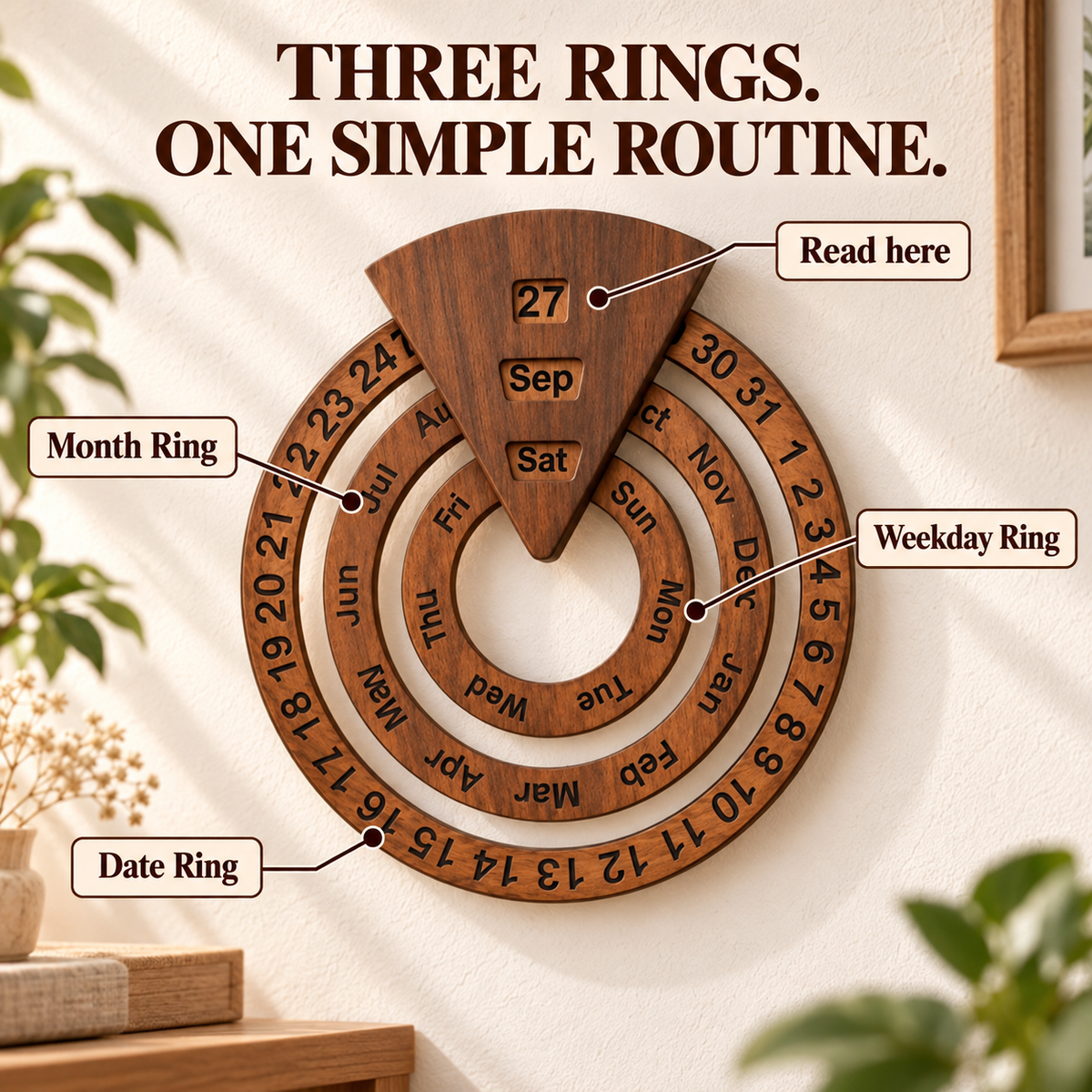🌿 Wooden Perpetual Wall Calendar – Rotating Date, Month & Day | Timeless Home Decor 📅
