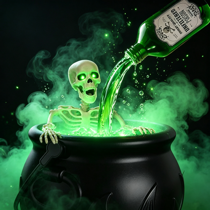 > 🕯️ Magical Bubbling Witch Cauldron — Halloween Fog Maker with Floating Potion Bottles & Glowing Skeleton for Home Party Decor 🍵