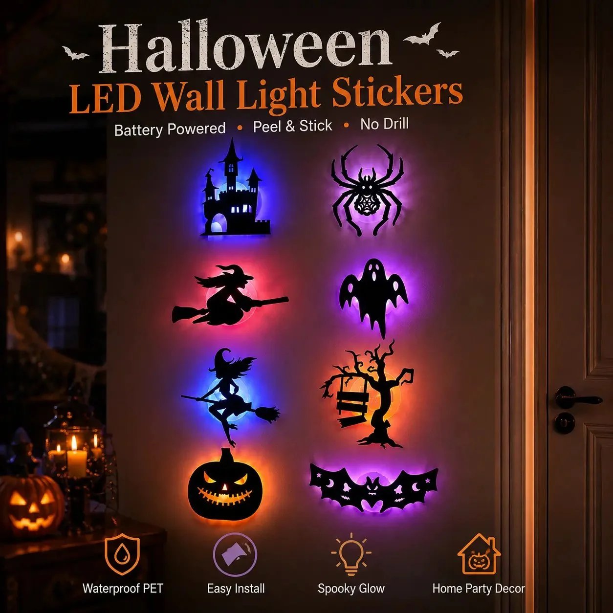 Halloween LED Silhouette Wall Light Stickers(8PCS One Set)