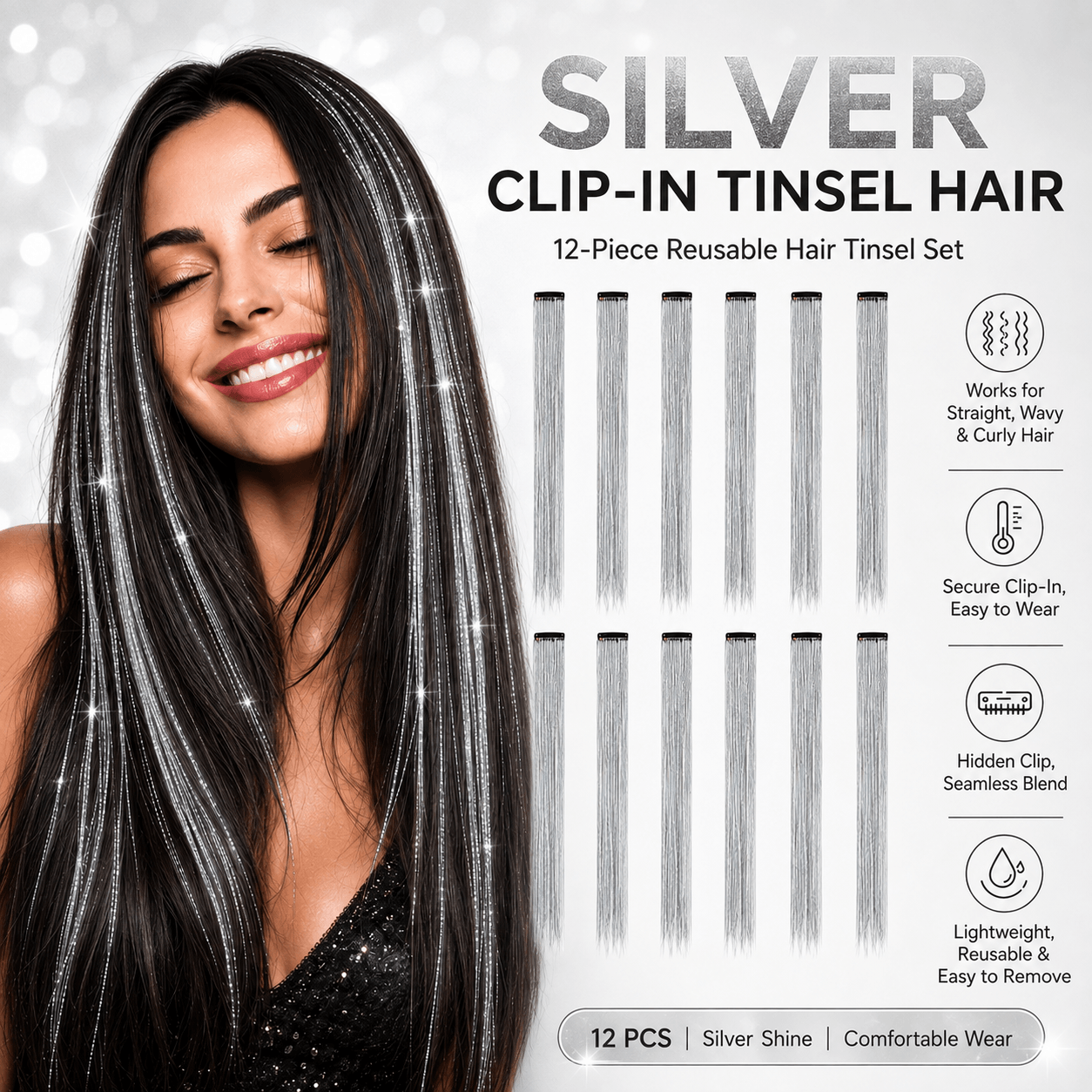 Clip-In Tinsel Hair Extensions – Colorful Iridescent Sparkle Hair Strands