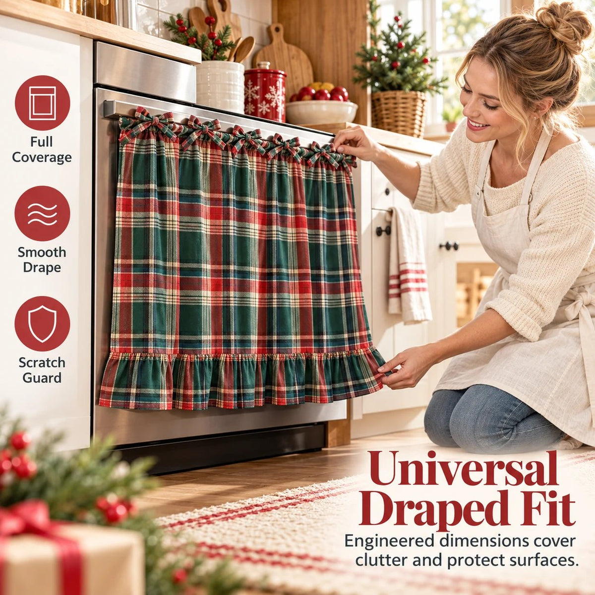 Festive Plaid Polyester-Cotton Oven Skirt Kitchen Decoration Short Curtain