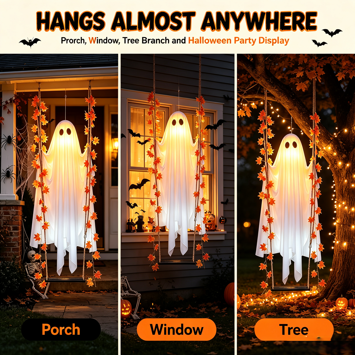🎃 Limited Halloween Sale 👻✨LED Hanging Ghost Swing Decoration, 5FT Remote Controlled Halloween Outdoor Hanging Decor