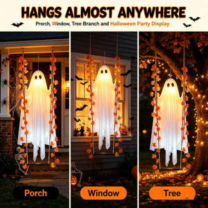🎃 Limited Halloween Sale 👻✨LED Hanging Ghost Swing Decoration, 5FT Remote Controlled Halloween Outdoor Hanging Decor