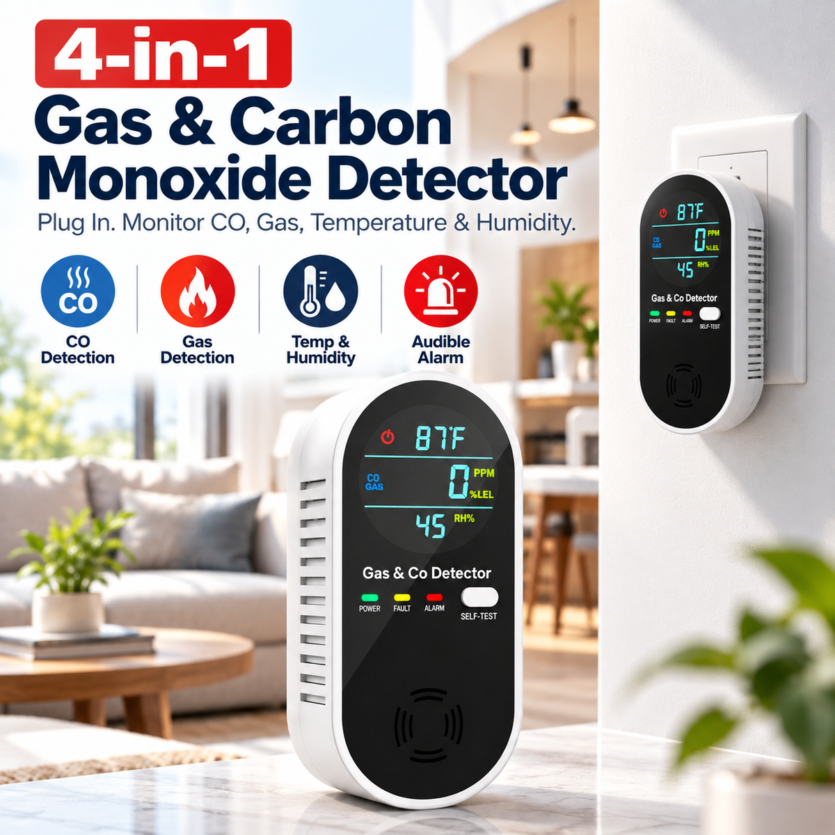 🛡️4 in 1 Gas & Carbon Monoxide Detector with Temperature and Humidity Display