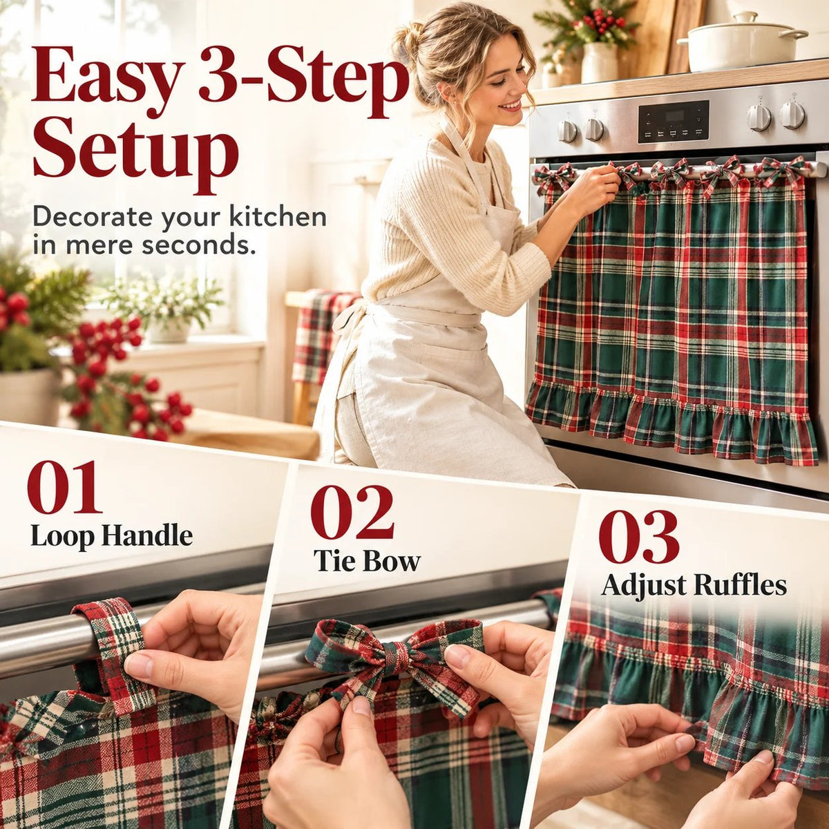 Festive Plaid Polyester-Cotton Oven Skirt Kitchen Decoration Short Curtain