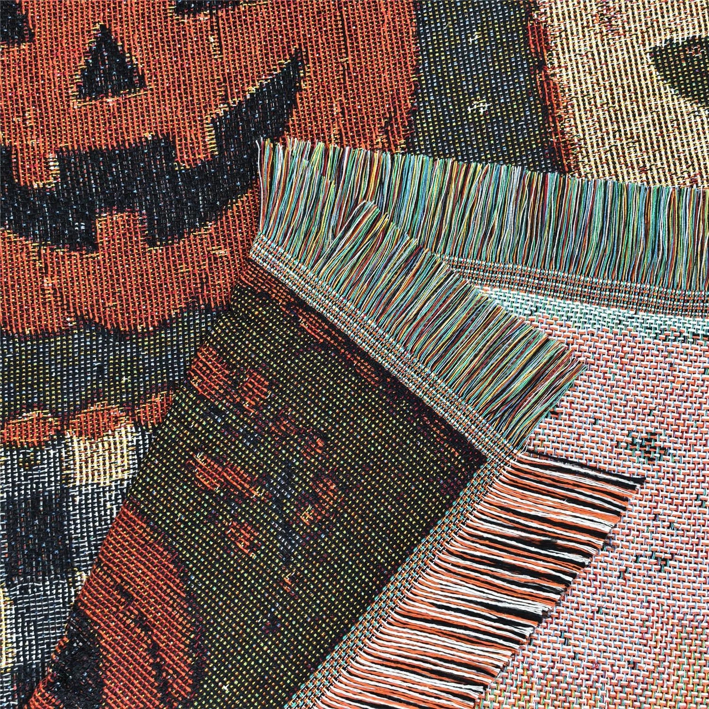 Halloween Patchwork Woven Throw Blanket | Ghost Pumpkin Black Cat Tassel Tapestry Throw