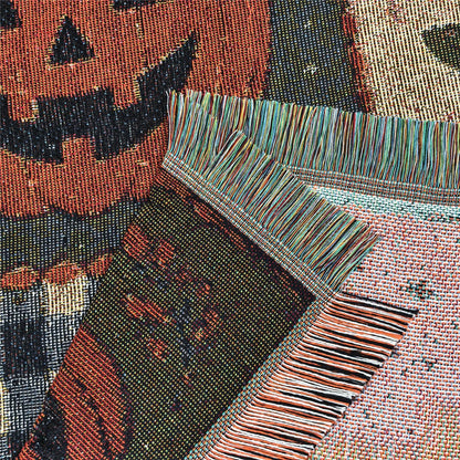 Halloween Patchwork Woven Throw Blanket | Ghost Pumpkin Black Cat Tassel Tapestry Throw