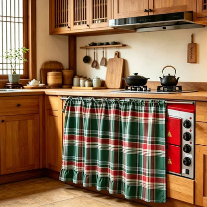 Festive Plaid Polyester-Cotton Oven Skirt Kitchen Decoration Short Curtain