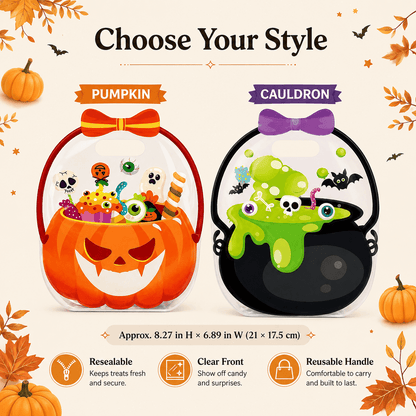 20-Pack Pumpkin Halloween Treat Bags – Resealable Clear Party Favour Bags with Handles