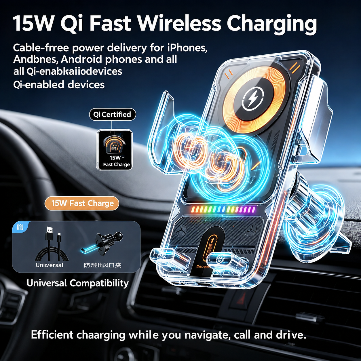 Auto-Clamping Car Wireless Charger, 15W Qi Fast Charging