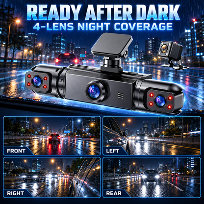 🚗 4-Lens 1080P Dash Cam — See Front, Left, Right & Rear in One Drive