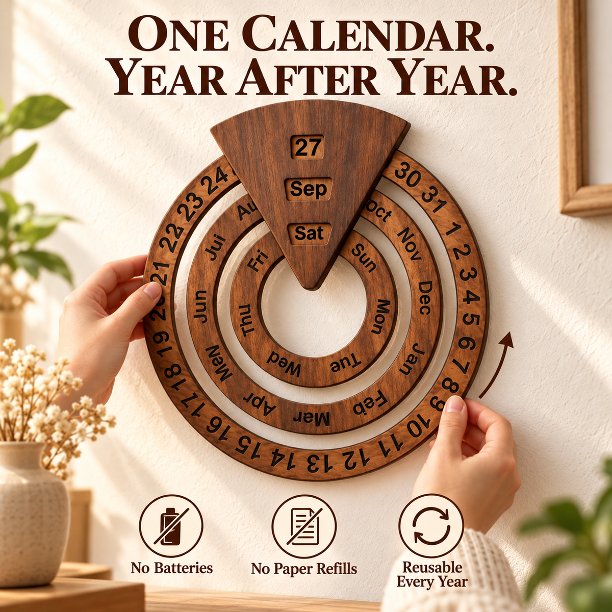 🌿 Wooden Perpetual Wall Calendar – Rotating Date, Month & Day | Timeless Home Decor 📅