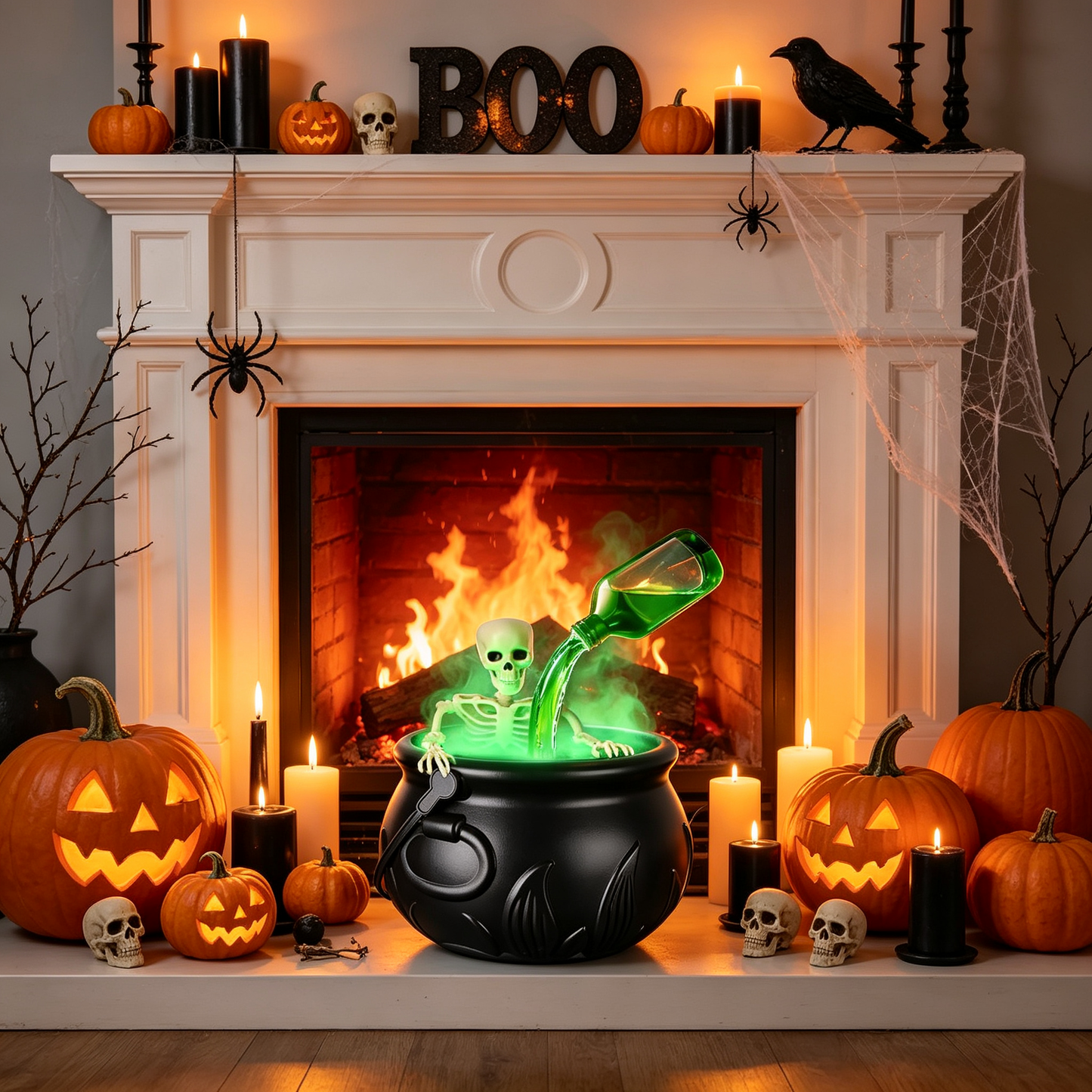 > 🕯️ Magical Bubbling Witch Cauldron — Halloween Fog Maker with Floating Potion Bottles & Glowing Skeleton for Home Party Decor 🍵