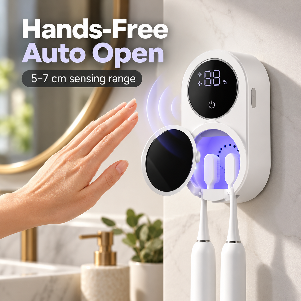 Hands-free automatic toothbrush chamber opening