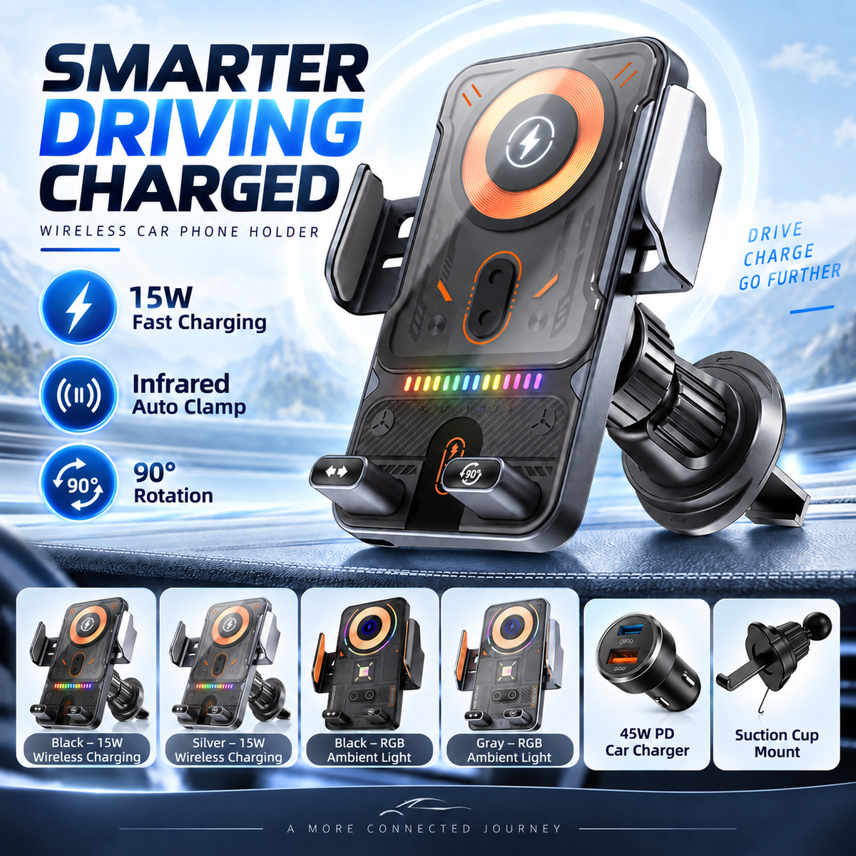Auto-Rotating Wireless Car Charger Phone Mount with Infrared Auto Clamp