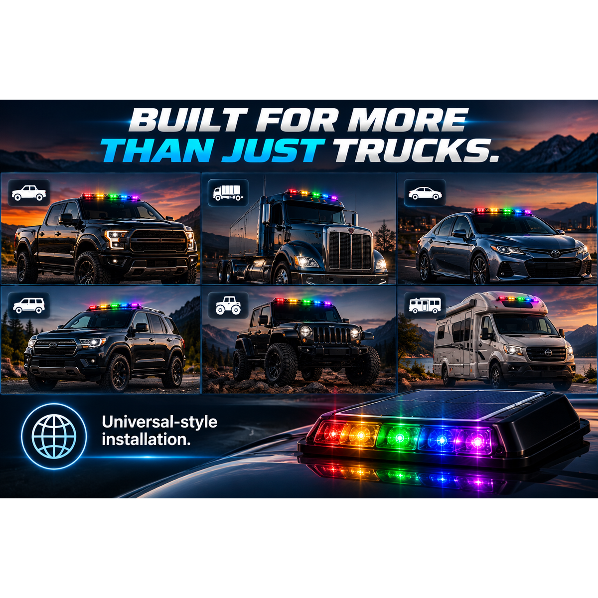 ⚡ Solar RGB Car Roof Strobe Lights – No-Drill Wireless Cab Lights