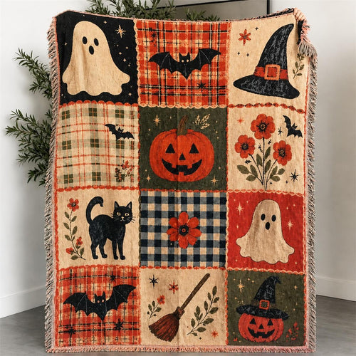 Halloween Patchwork Woven Throw Blanket | Ghost Pumpkin Black Cat Tassel Tapestry Throw