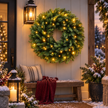🎄 Pre-Lit Evergreen Christmas Wreath – Warm White LED Holiday Door Decor