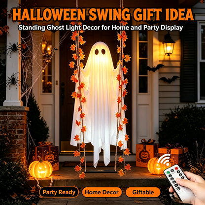 🎃 Limited Halloween Sale 👻✨LED Hanging Ghost Swing Decoration, 5FT Remote Controlled Halloween Outdoor Hanging Decor