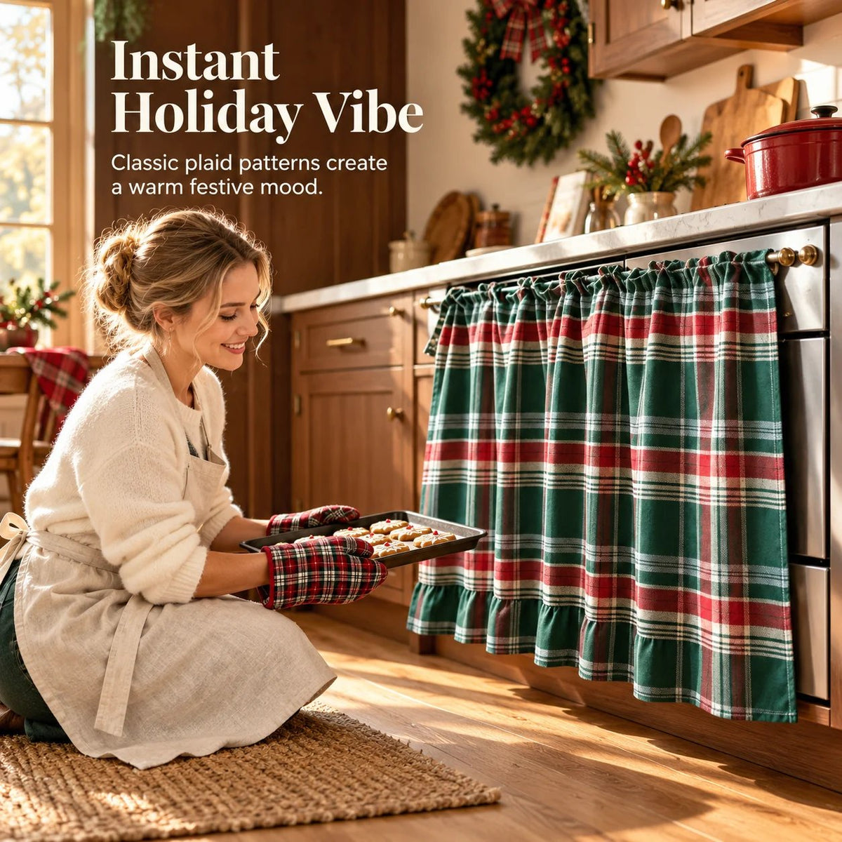 Festive Plaid Polyester-Cotton Oven Skirt Kitchen Decoration Short Curtain