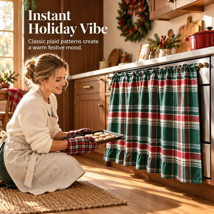 Festive Plaid Polyester-Cotton Oven Skirt Kitchen Decoration Short Curtain
