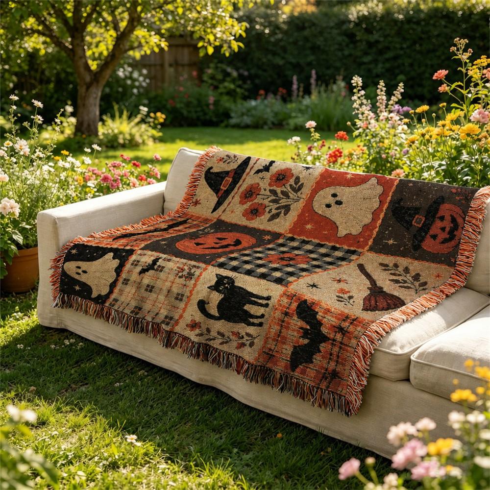 Halloween Patchwork Woven Throw Blanket | Ghost Pumpkin Black Cat Tassel Tapestry Throw