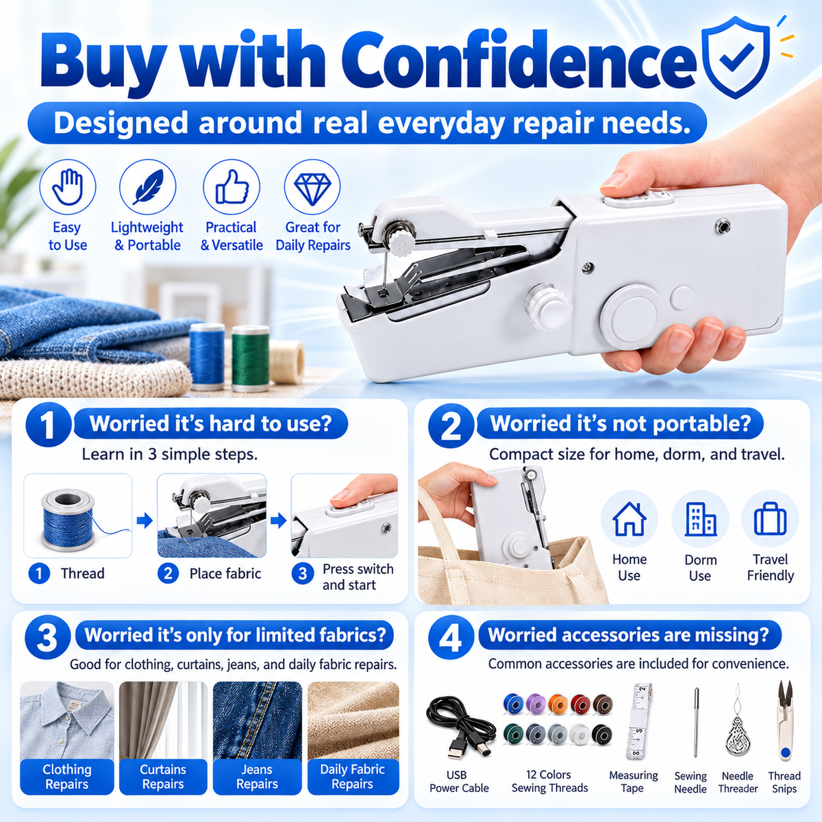 🧵✂Fix Loose Hems & Small Tears in Minutes — Handheld Sewing Machine
