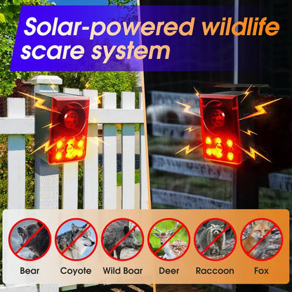 🦝 Solar Motion-Activated Animal Deterrent Alarm – Custom Sound & Flashing Light