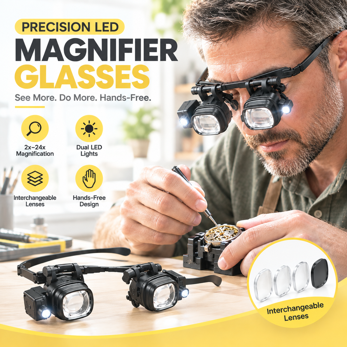 🔬LAST DAY SALE 52%OFF✨ Precision LED Magnifier Glasses – Interchangeable Lenses, Dual LED, Hands-Free 💡
