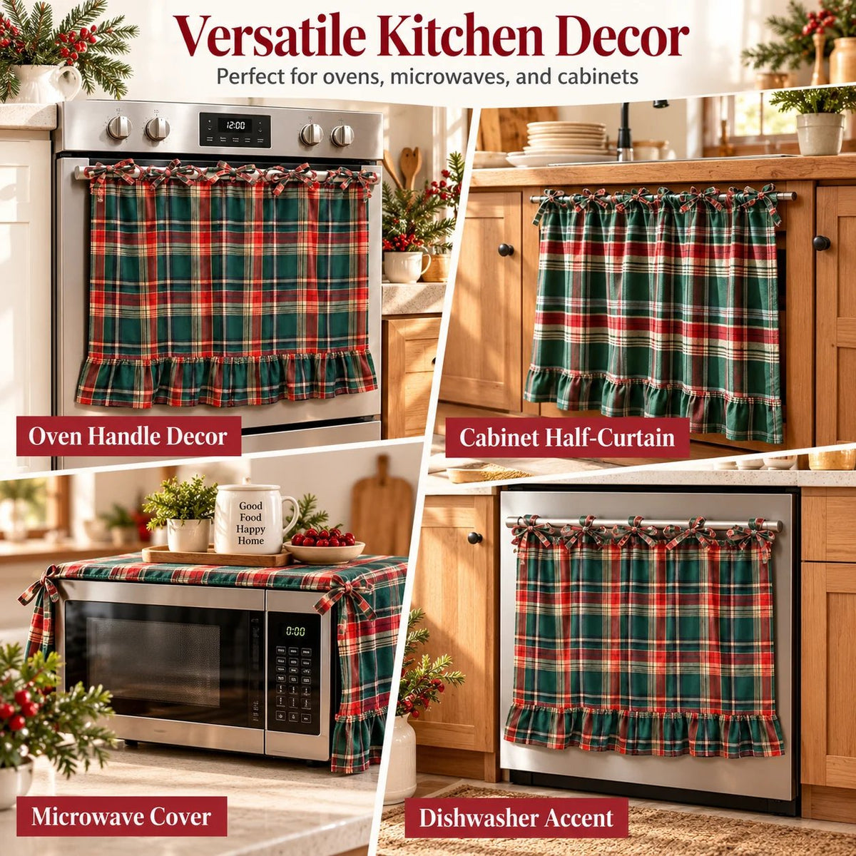 Festive Plaid Polyester-Cotton Oven Skirt Kitchen Decoration Short Curtain