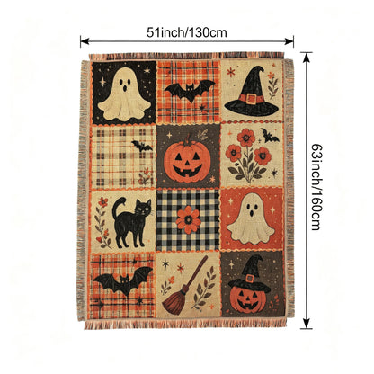 Halloween Patchwork Woven Throw Blanket | Ghost Pumpkin Black Cat Tassel Tapestry Throw