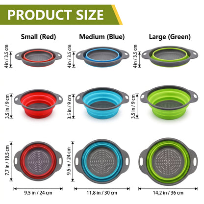 🥬3-Piece Collapsible Colander Set – Space-Saving Silicone Strainers