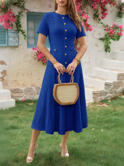 Wenrine Elegant Textured Button Midi Dress
