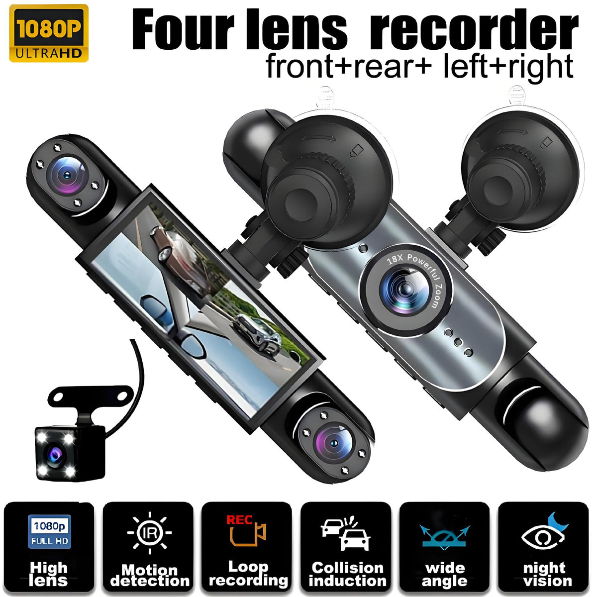 🎥 1080P HD Car Dash Camera | 🚘Infrared Night Vision, G-Sensor, Loop Recording & Adjustable Lenses
